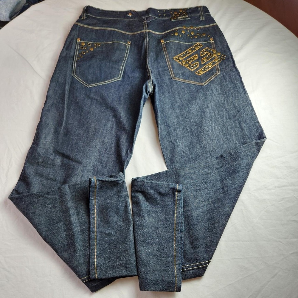 Enyce Mens Blue Denim Jeans Embellished Metal Studs Button Fly Baggy Y2K Size 36